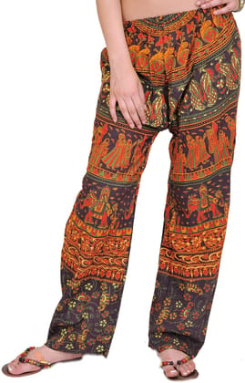 Coffee-Bean Casual Trousers from Jodhpur with Printed Marriage Procession