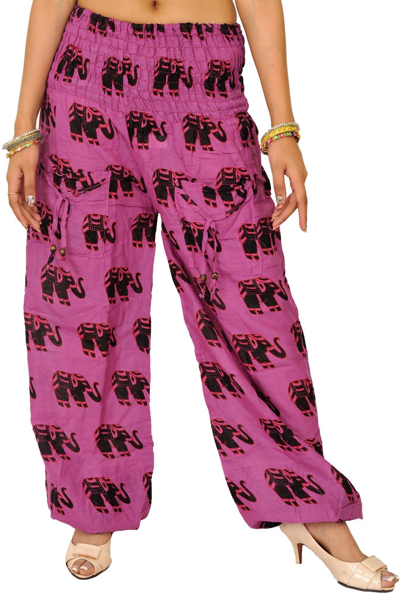 Meadow-Mauve Yoga Trousers with Printed Elephants and Front Pockets