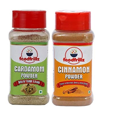 foodfrillz Premium All Natural Green Cardamom (Chhoti Hari Elaichi) & Cinnamon Powder (Dalchini), Combo Pack