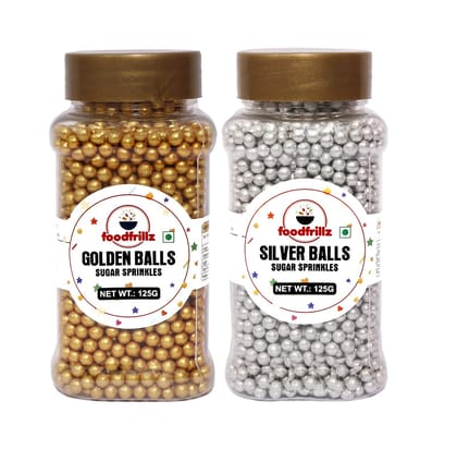 foodfrillz Silver Balls and Golden Balls, (125 g x 2) Sprinkles for Cake Decoration