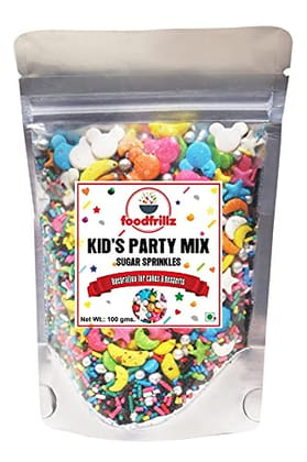 foodfrillz Kids Party Mix Sprinkles (multicoloured) for cakes, donuts, icecream decoration, 100 g