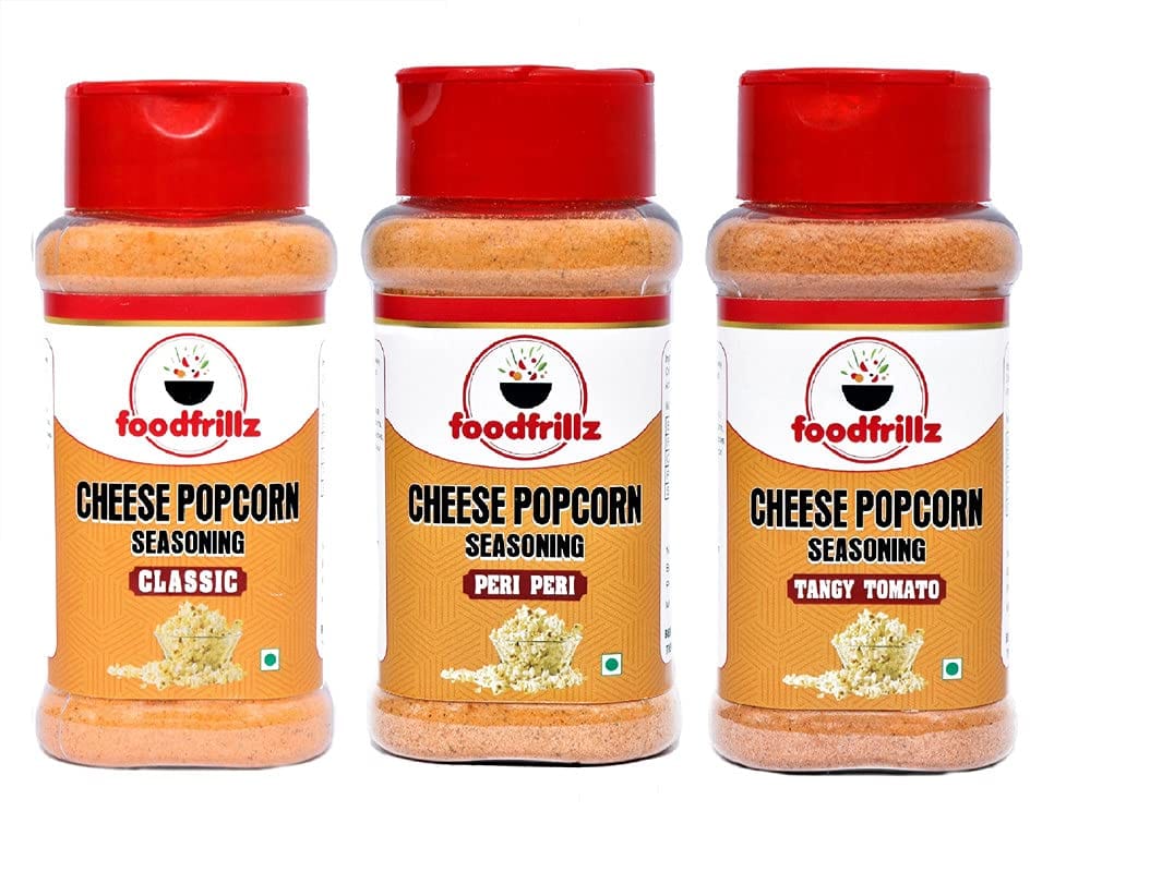 foodfrillz Cheese Popcorn Seasoning Powder (3 FLAVOUR COMBO of Classic,Peri Peri and Tangy Tomato- 80 g each) Sprinkler bottles for popcorn, fritters, french fries, nachos, cheese sauce