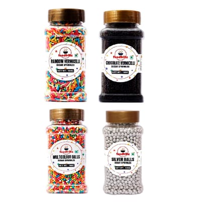 foodfrillz Silver Balls, Rainbow Strands, Chocolate Strands, Multicolored Balls (425 g) Sprinkles for cake decoration Pack of 4 Bottles