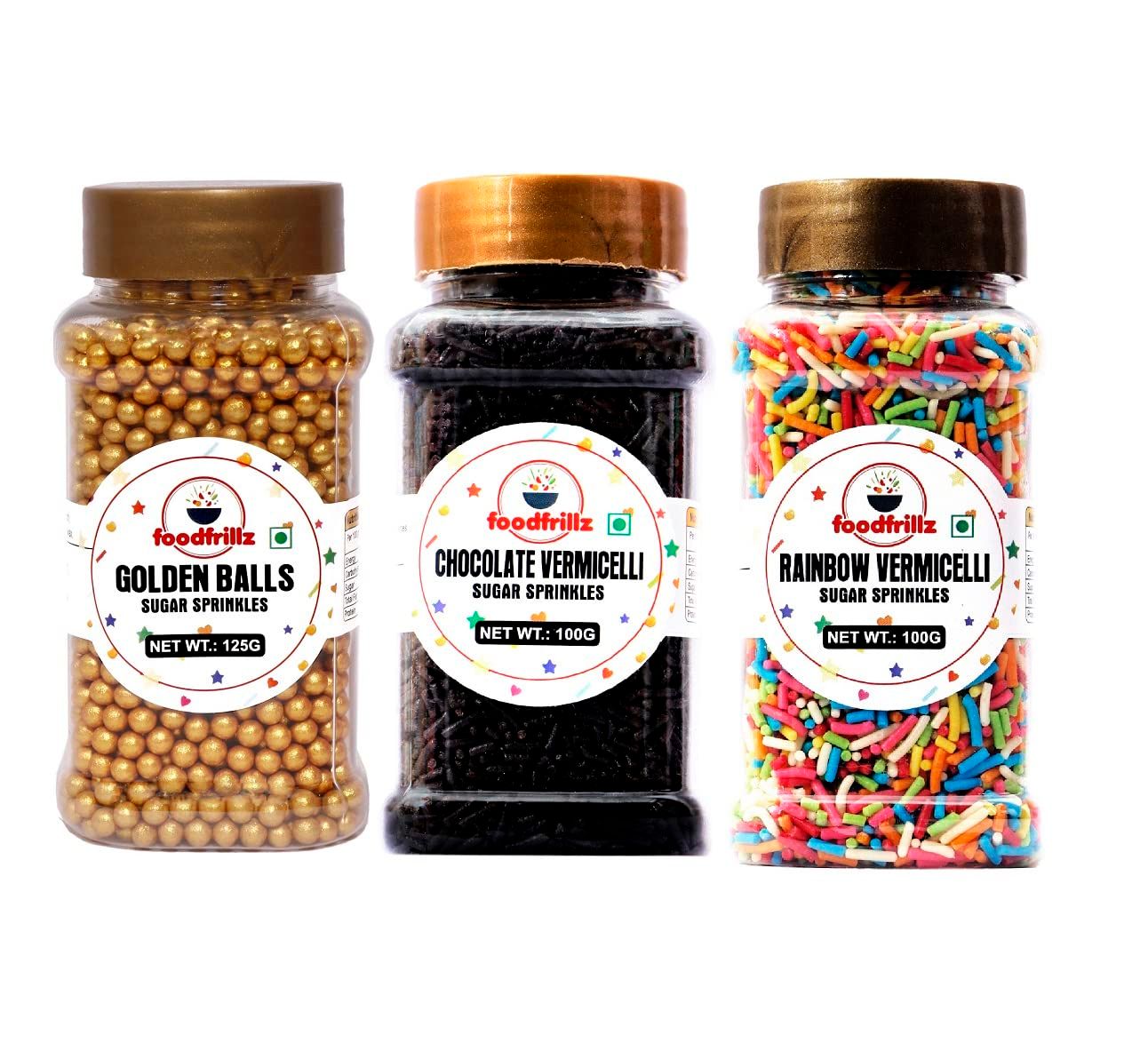 foodfrillz Golden Balls (125 g), Chocolate Vermicelli Strands (100 g) and Rainbow Strands (100 g) Sugar Sprinkles for cake decoration, 325 g, Pack of 3