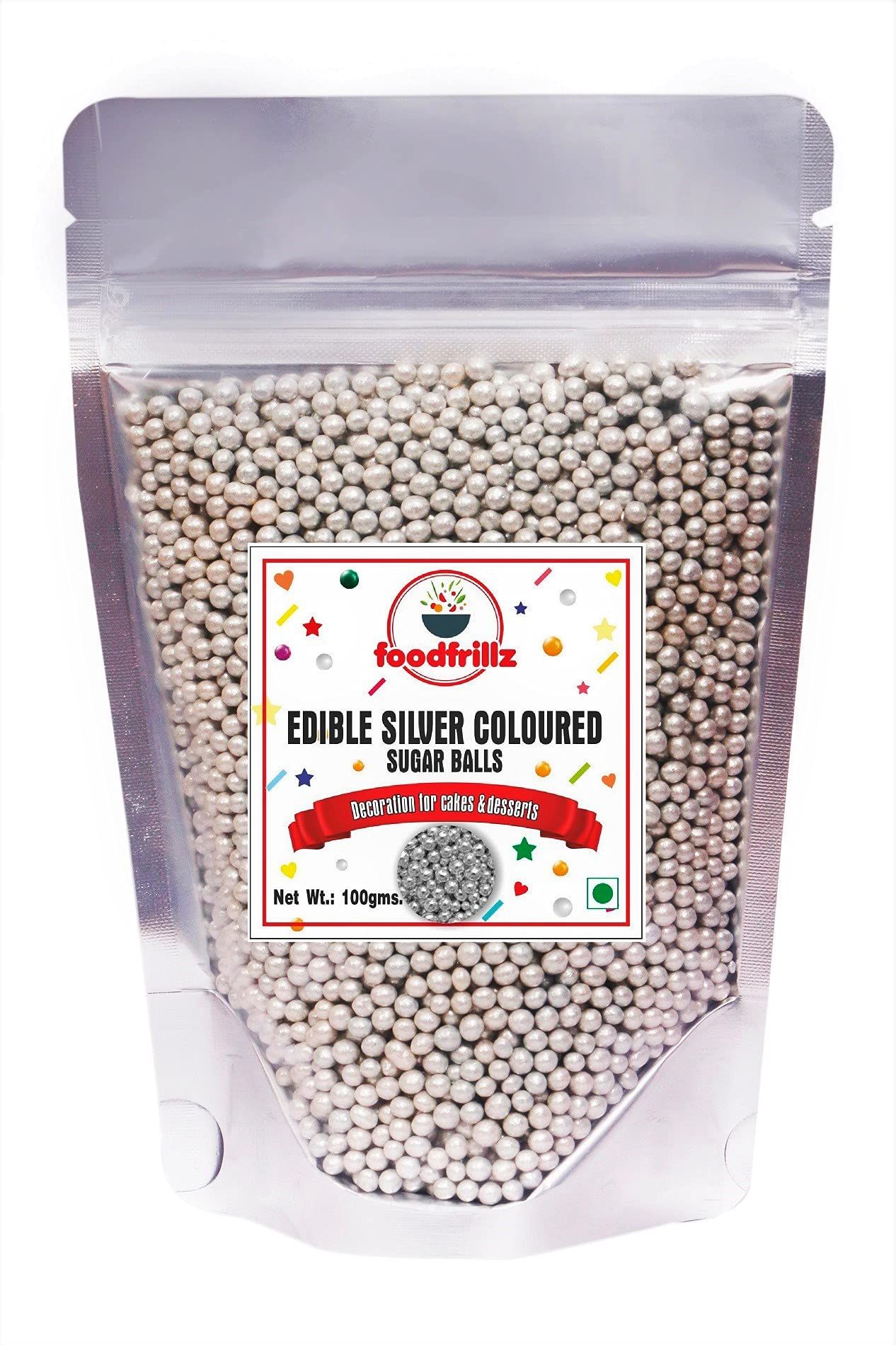 foodfrillz Decorative Silver Balls Sugar Sprinkles for cake decoration | Pearl Balls | Silver Dragees | Cake Toppers Balls | Vermicelli Edible Cake Decorating Sprinkle - 100g