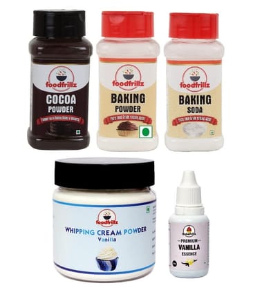 foodfrillz Combo of 5 Baking Ingredients - Whipping Cream Powder 100 g, Cocoa Powder 60 g, Baking Powder 100 g & Baking Soda 140 g, Bakefrillz Vanilla Essence (20 ml)