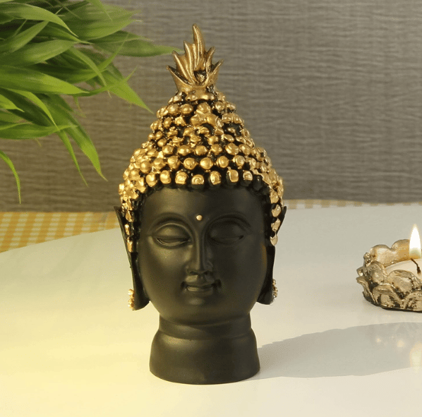 TIED RIBBONS Resin Buddha Head Idol Statue Showpiece (Golden, 13.7 cm X 6.3 cm)