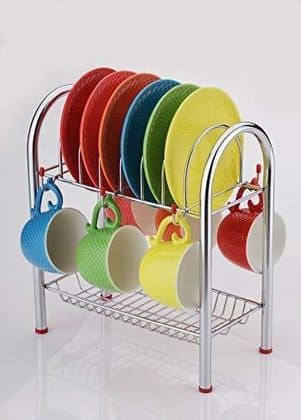 STAINLESS STEEL 2 LAYER PLATE & BOWL STAND KITCHEN UTENSIL RACK / CUTLERY STAND