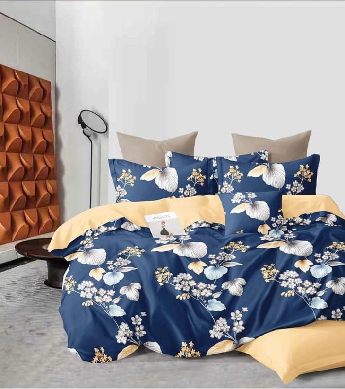 Pitambra Lifestyle Premium Orchid Fitted Sara Cotton Comfort Feel Dark Blue  Floral Printed Fitted BedSheet