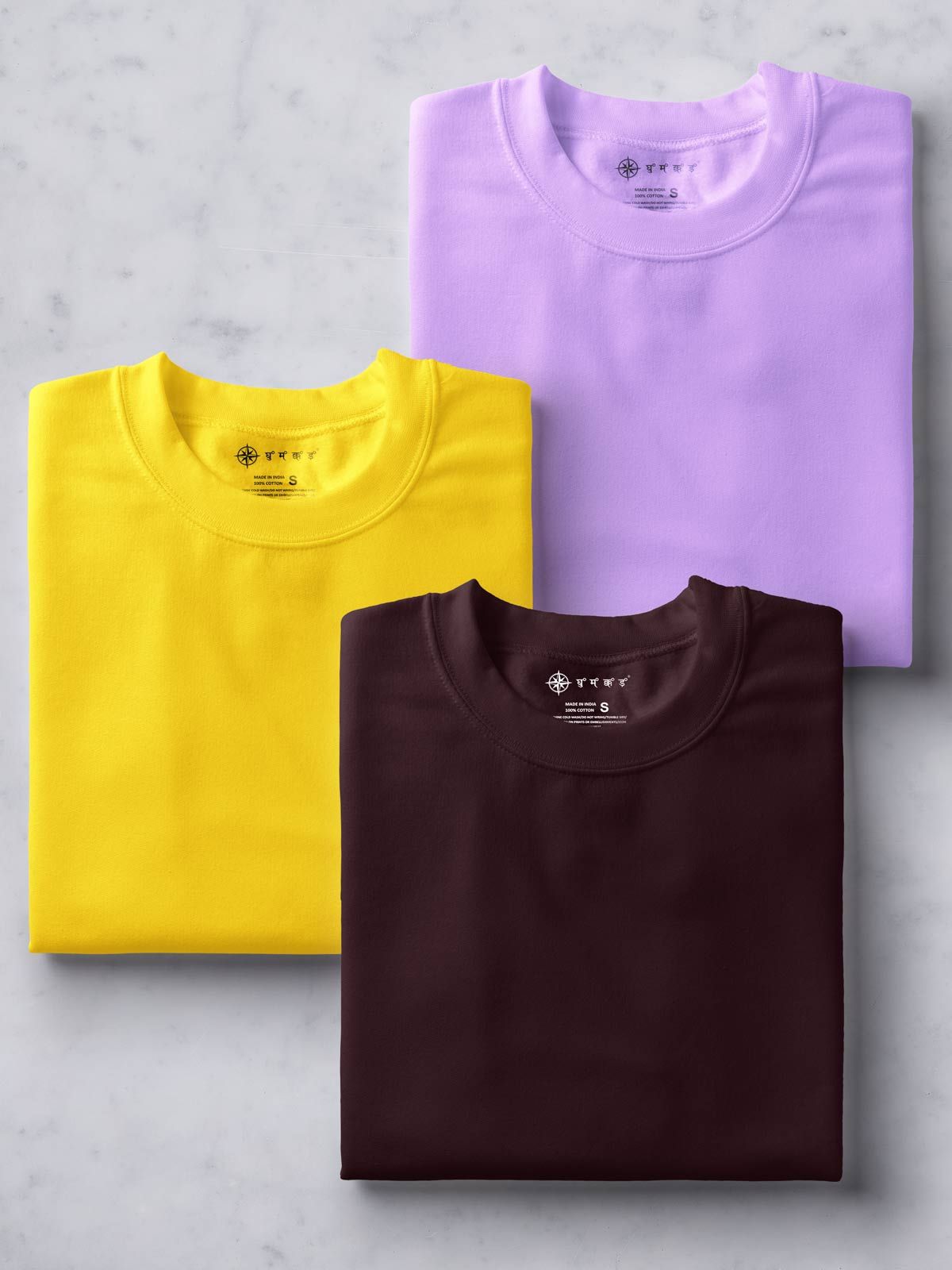 Yellow, Lavender & Coffee Brown Half Sleeve Round Neck Cotton Plain Regular Fit Pack of 3 combo T-Shirt for men by Ghumakkad