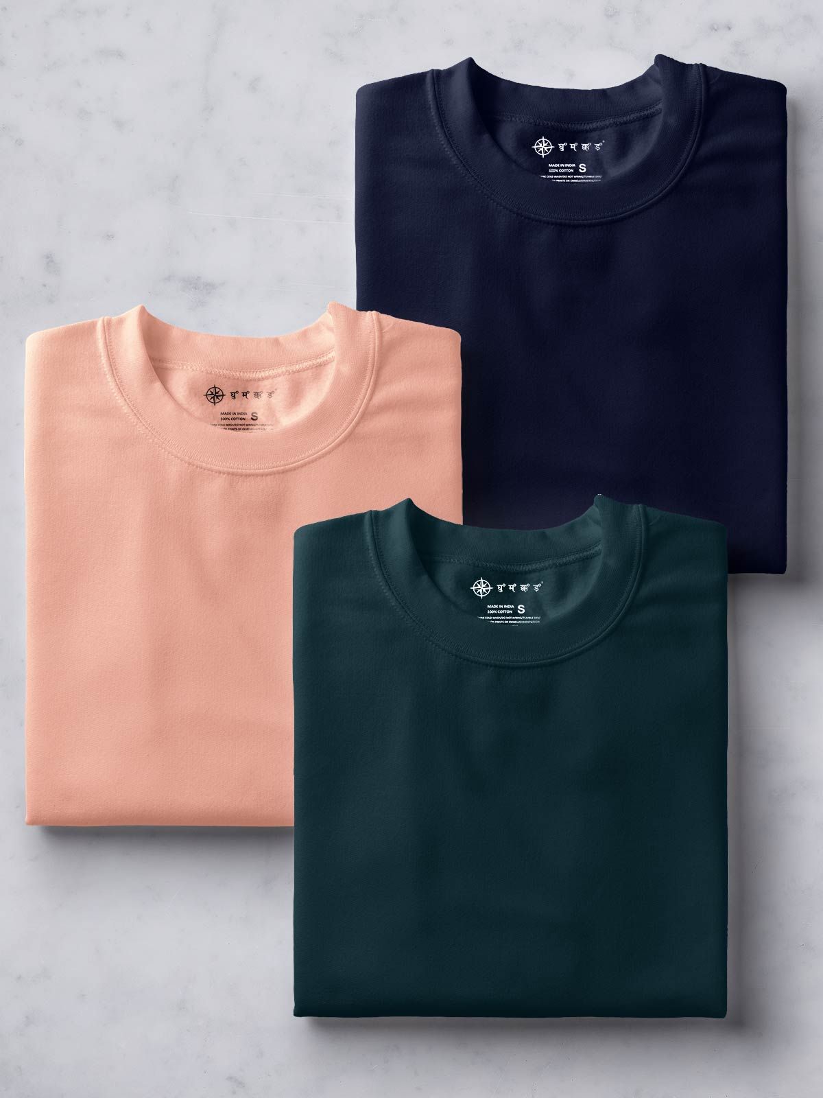 Peach, Teal Blue & Midnight Blue Half Sleeve Round Neck Cotton Plain Regular Fit Pack of 3 combo T-Shirt for men by Ghumakkad
