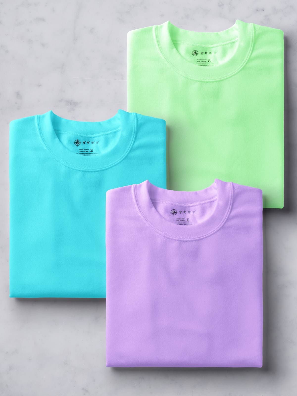 Celeste Blue, Electric Mint & Lavender Half Sleeve Round Neck Cotton Plain Regular Fit Pack of 3 combo T-Shirt for men by Ghumakkad