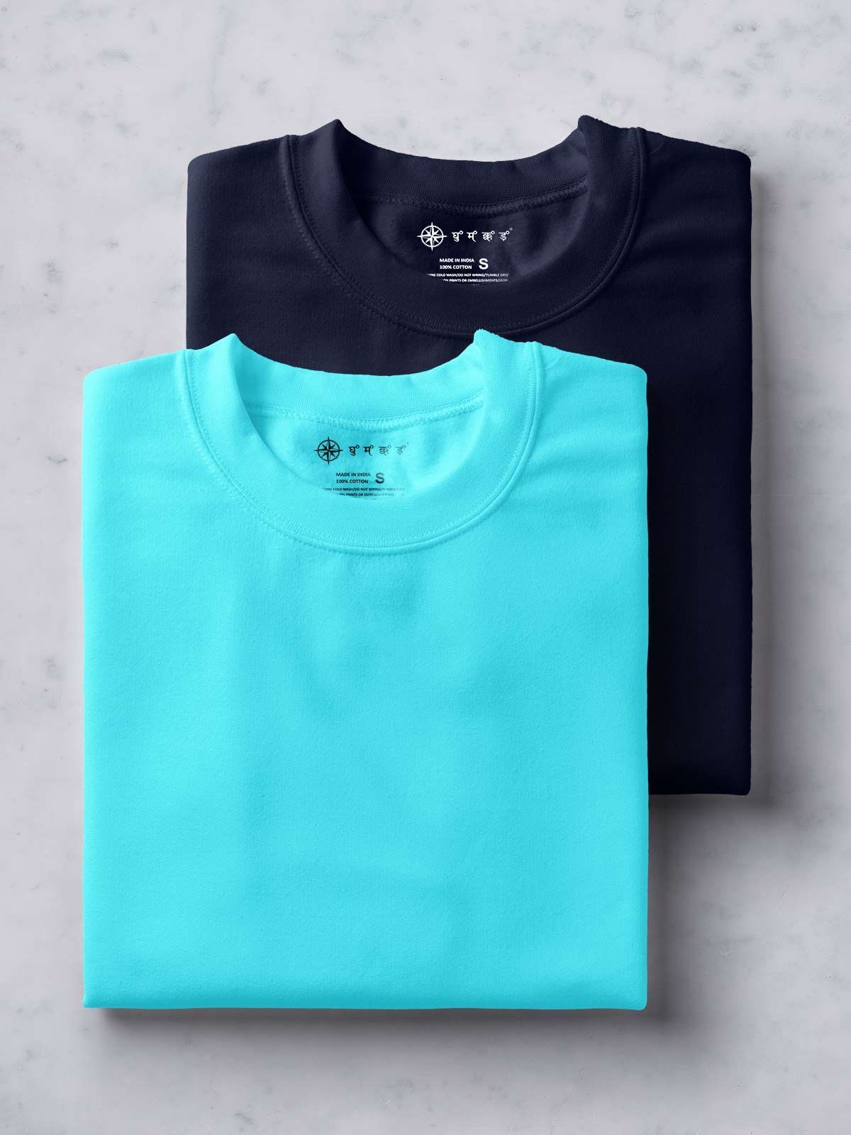 Celeste & Midnight Blue Half Sleeve Round Neck Cotton Plain Regular Fit Pack of 2 combo T-Shirt for men by Ghumakkad