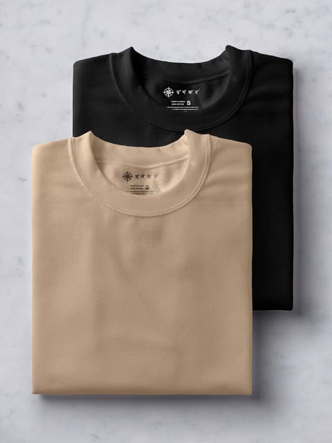 Black & Beige Half Sleeve Round Neck Cotton Plain Regular Fit Pack of 2  combo T-Shirt for men