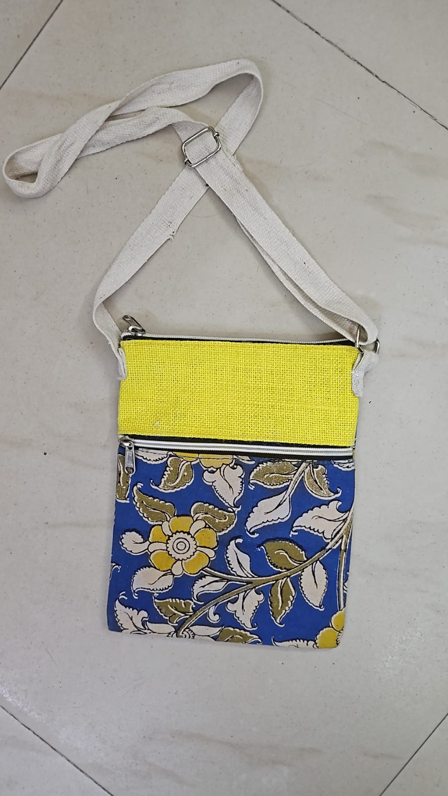 Handmade Jute & Cotton Sling Bag ( Yellow & Blue)