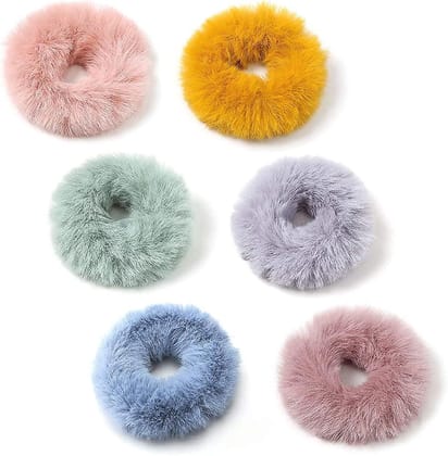 Faux Fur Hair Scrunchies Ties Furry Elastic Hair Bands Fuzzy Ponytail Holders Hair Accessories Gifts for Girls Women (Pack Of 6)