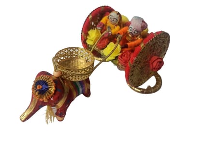 Krati Studios - Elephant Cart Carrying Raja Rani, Length 8" Width 5.5" Height 4", Decorative Item, T-Light Decor, Corner/Table Decor Item, T-Light Holder