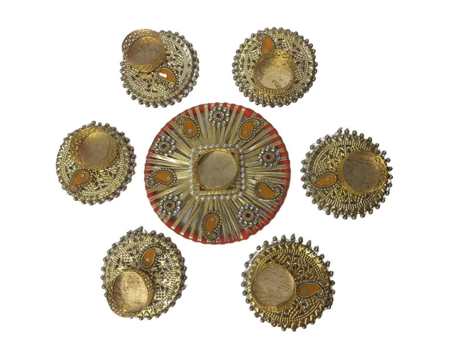 Krati Studios - Rangoli Design Set of 7 Pcs, One 6" Circular Diya Holder Design and 6 3.5" Diya Holder Design, Can Be Place On Floor Near Enterance Or Pooja Ghar T-Light Holder