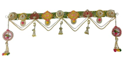 Krati Studios - Shubh Labh Toran, Green Base with Shubh Labh Tag and Lotus at Each Side, Having Parrot Designed Latkan at Both The Ends,Width 39" Drop 15'' Traditional Bandarwal for Door