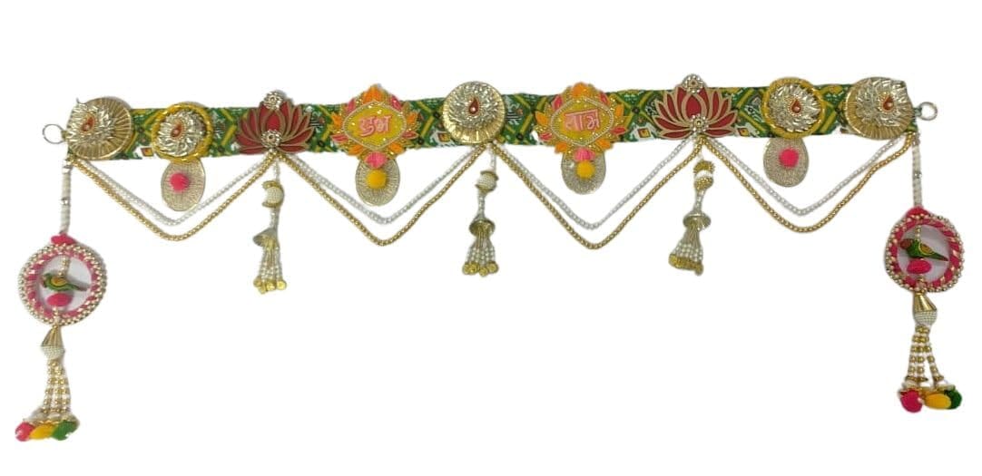 Krati Studios - Shubh Labh Toran, Green Base with Shubh Labh Tag and Lotus at Each Side, Having Parrot Designed Latkan at Both The Ends,Width 39" Drop 15'' Traditional Bandarwal for Door