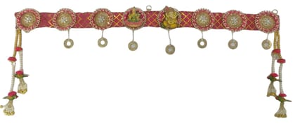 Krati Studios - Pink Base Toran with Laxmi Ganesh at Middle, 3 Pink Golden Rings at Each Side and Small Parrot Latkan at Both The Ends, Width 39" Drop 15.5". Hang On Door Traditional Bandarwal Door