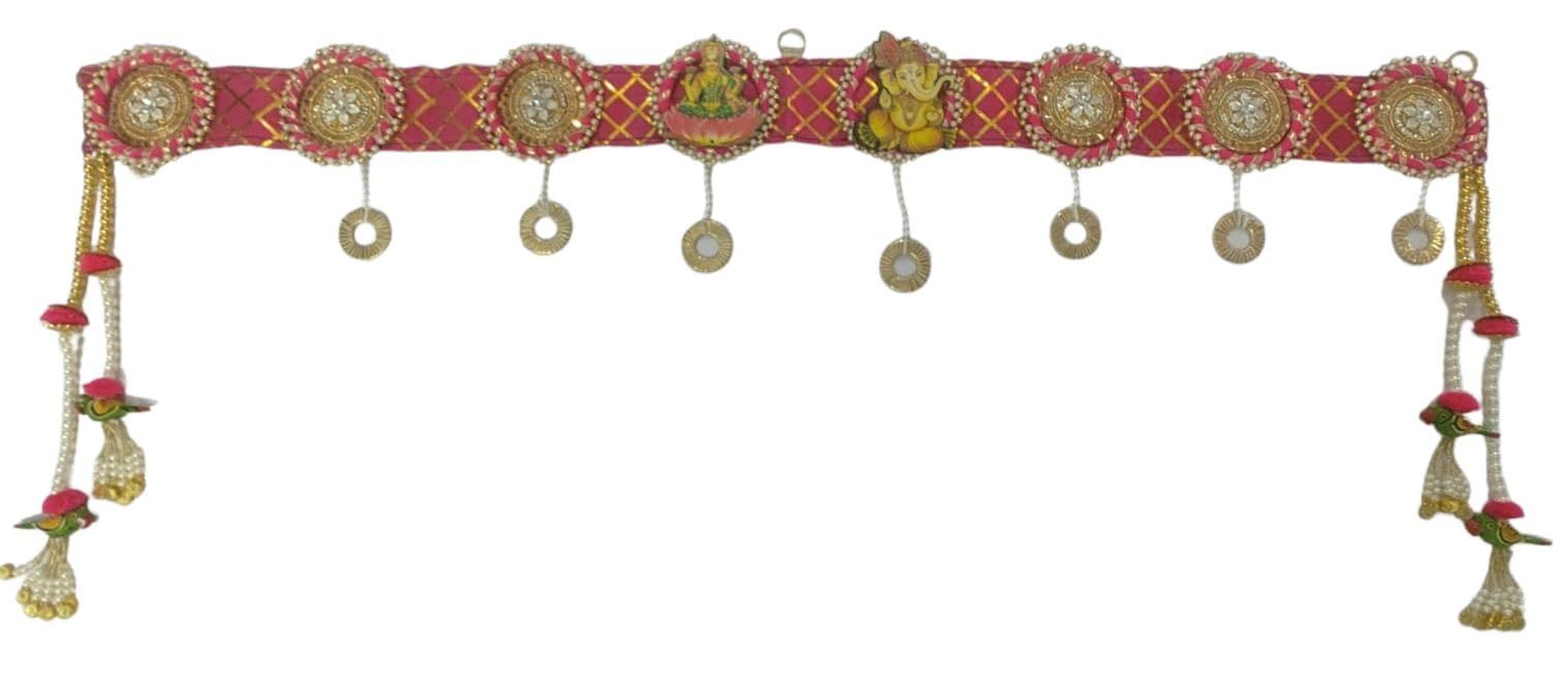 Krati Studios - Pink Base Toran with Laxmi Ganesh at Middle, 3 Pink Golden Rings at Each Side and Small Parrot Latkan at Both The Ends, Width 39" Drop 15.5". Hang On Door Traditional Bandarwal Door