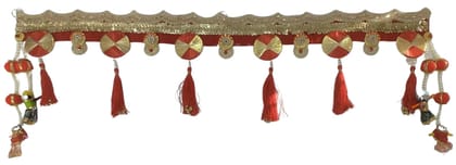 Krati Studios - Red-Golden Base Toran with Six Circle & Red Drop and Raja Rani Latkan at Both The Ends, Width 42" Drop 14.5" Traditional Bandarwal for Door