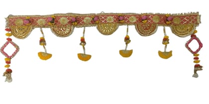 Krati Studios - Pink-Yellow Base Toran Having Semi Circlular Design at Bottom with Pink-Golden & Pearl Latkan at Both The Ends,Width 39" Drop1 3.5" Traditional Bandarwal for Door