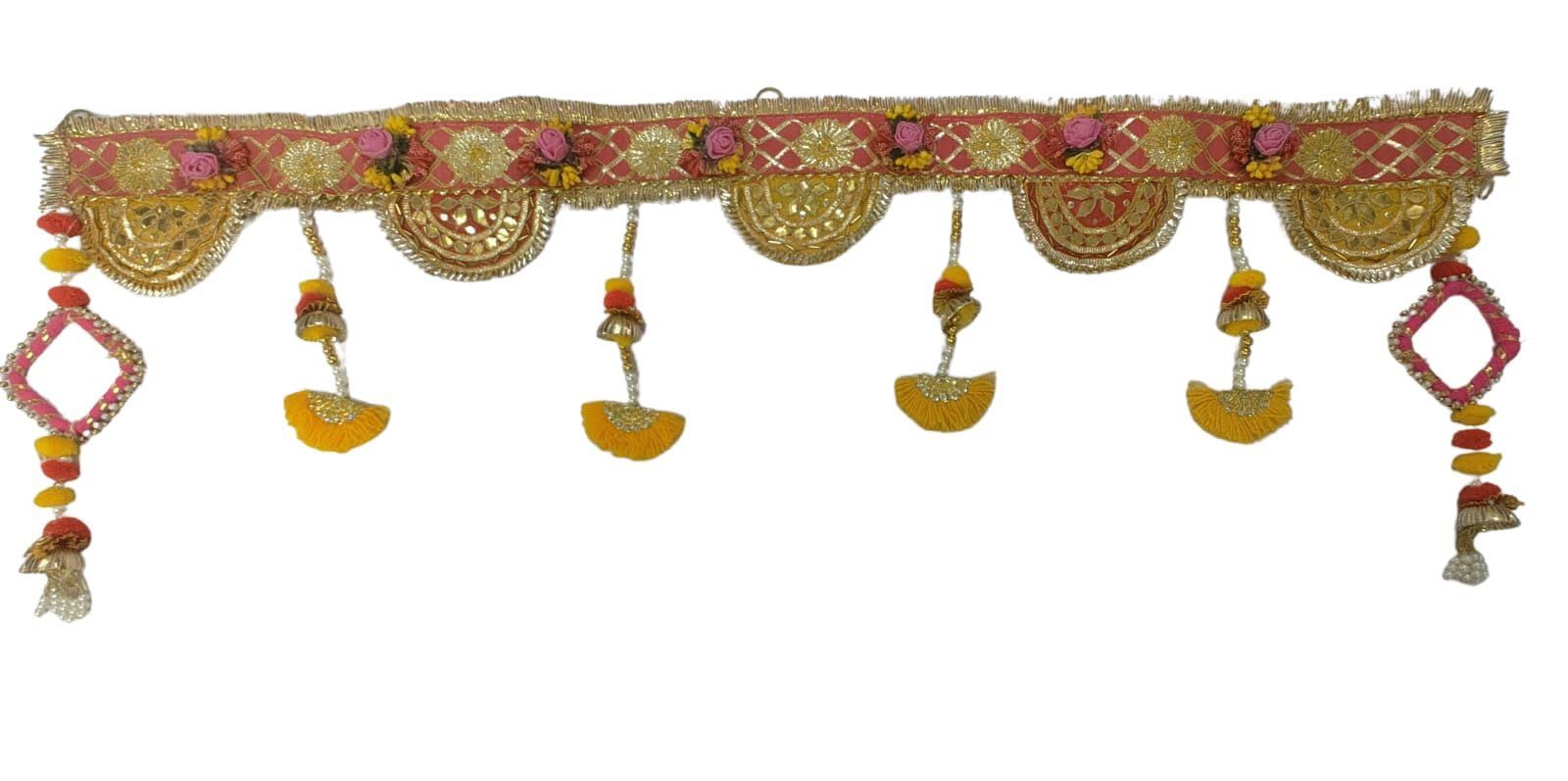 Krati Studios - Pink-Yellow Base Toran Having Semi Circlular Design at Bottom with Pink-Golden & Pearl Latkan at Both The Ends,Width 39" Drop1 3.5" Traditional Bandarwal for Door