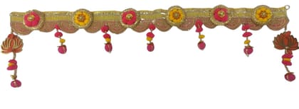 Krati Studios - Yellow Base with Pink Semi Circular Design at Bottom with Five Moti & Pom Pom Latkans and Having Lotus-Pompom-Moti Latkan at Both The Ends, Width 44" Drop 13",Hang On Door