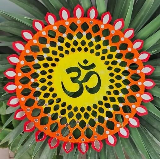 Krati Studios - Om Chakra 8'' Size 4MM Thickness. Handpainted with Mirror Work. Wall/Mandir Hanging | Om Jaali I Om Round Decorative Chakra for Temple, Living Room, Bedroom