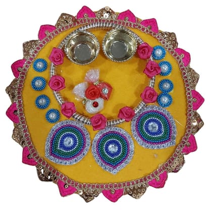 Krati Studios - Diwali, Indian Festive Pooja Thali, 7.5'' Dia Yellow Pink Color Combination, Roll Chawal Katori, Shagun Bag, Yellow Valvet Base with Pink Golden Lace Around The Circle