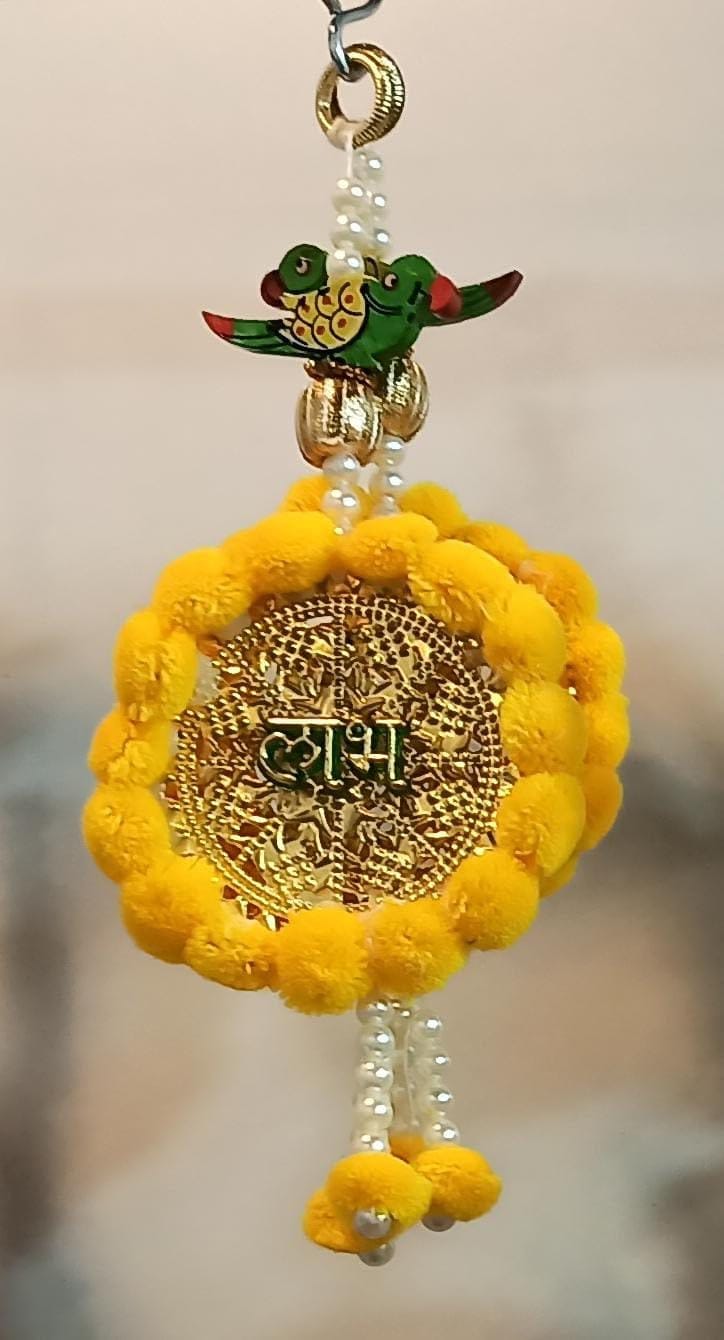 Krati Studios - Latkan 4"" X9.5,Handmade Shubh Labh Door Hangings, Yellow Color,Parrot and 4"" Ring with Pom Pom, Hang On Wall/Door/Mandir