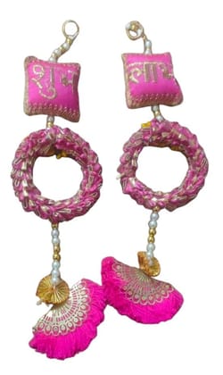 Krati Studios - Latkan 3.5" X1'1, Handmade Shubh Labh Door Hanging, Pink Color, Shubh Labh Cushions with Ring, Hang On Wall/Door/Mandir