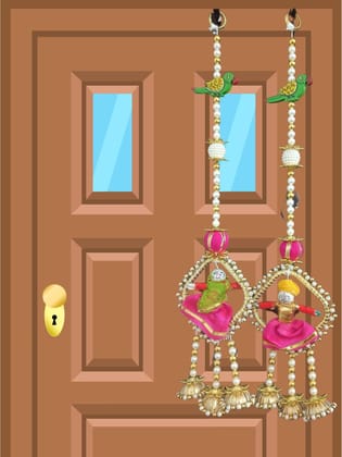 Krati Studios - Latkan 4" X1'4, Handmade Door Hanging,Parrot with Golden White Pearls,Raja & Rani in Ring with 2 Latkaan at Bottom,Hang On Door/Wall Decor