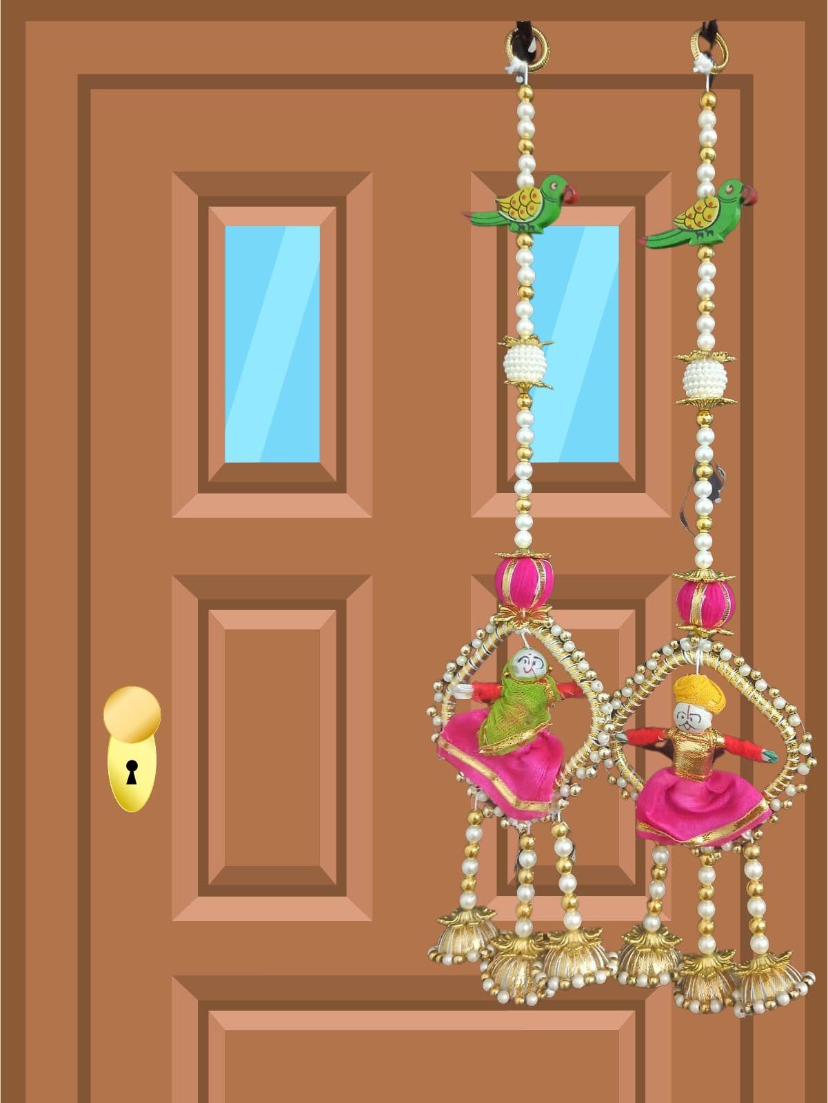 Krati Studios - Latkan 4" X1'4, Handmade Door Hanging,Parrot with Golden White Pearls,Raja & Rani in Ring with 2 Latkaan at Bottom,Hang On Door/Wall Decor