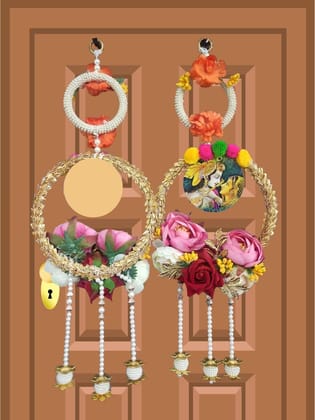 Krati Studios - Krishna�s Two Ring Hanging with 3 Latkan at Bottom Length 1'5" Width 6", Door/Mandir Hanging, Decor Item, White & Golden Rings with Flowers and Pearls