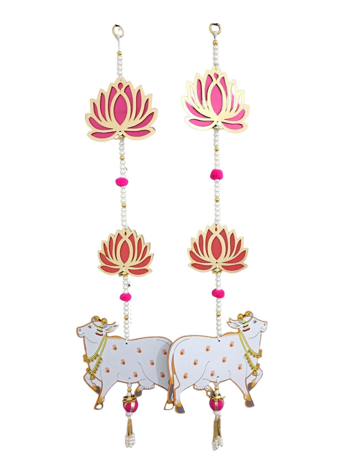 Krati Studios - Two Lotus Cow Hanging,Length 2'3" Width 6.5", Hanging Having 2 Lotus and Cow Shape with Small Latkan at The Bottom