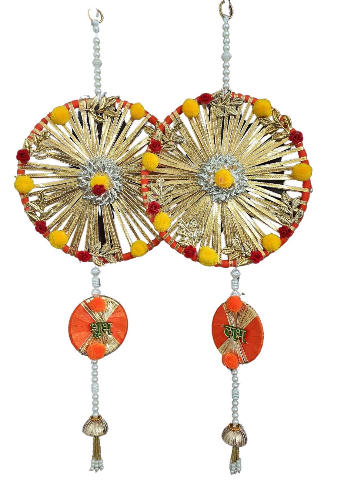 Krati Studios - Circular Shubh Labh Hanging, Length 1'10" Width 8", Big & Small Shubh Labh Ring, Orange and Golden Color