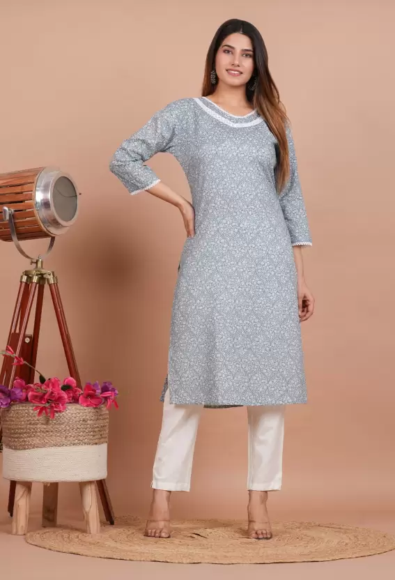 Women Solid Cotton Blend Straight Kurta  (Grey)