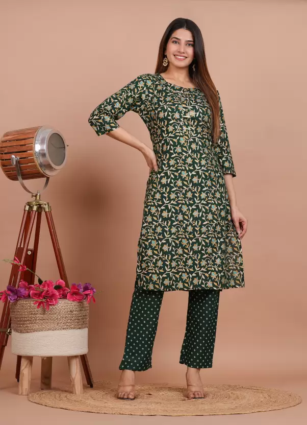 Women Cotton Rayon Kurta and Palazzo Set in green