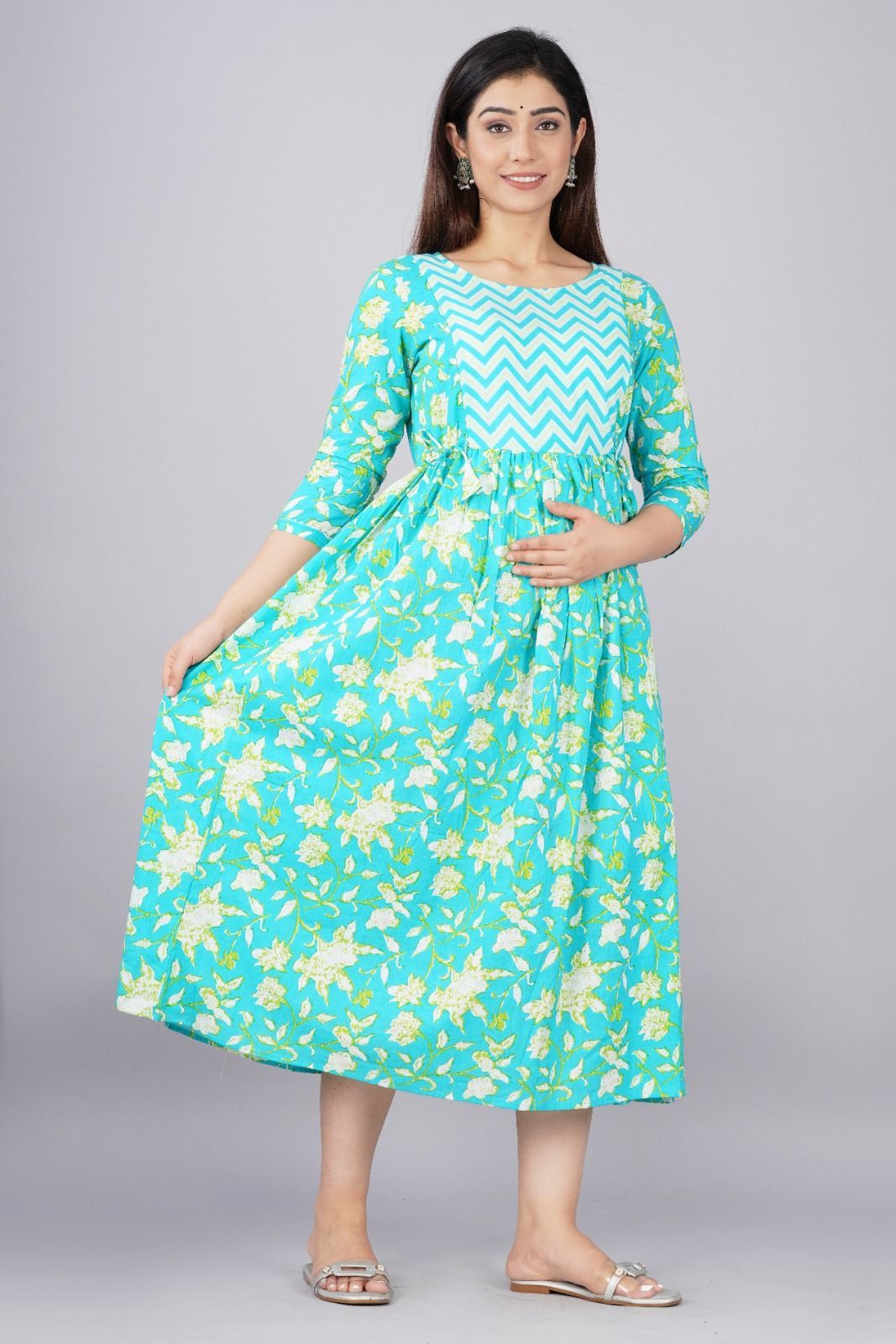 Women's Cotton Floral Printed Anarkali Maternity Feeding Kurti (Sky Blue)