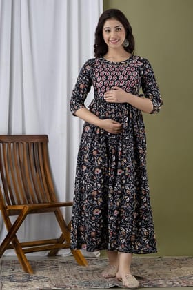 KASHVI Creation Women's Cotton Floral Printed Anarkali Maternity Breast Feeding Kurti (KT0024_P)