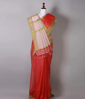 Handwoven red and green silk saree