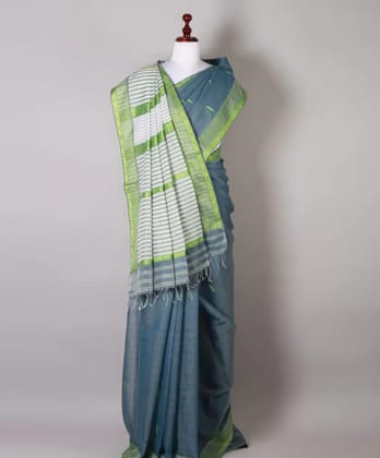 Handwoven blue and green silk saree