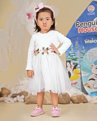 White Full Sleeve Casual Dress For Kids Girl