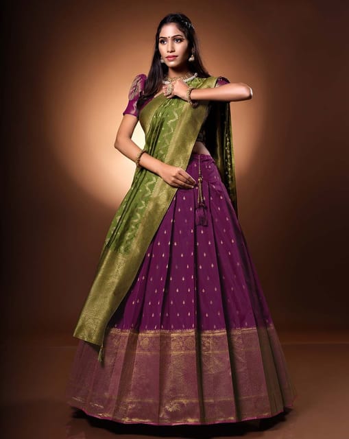 Woven Design Green Half Saree Traditional South Indian Style, Wedding Wear,  With blouse piece at Rs 1099/piece in Surat