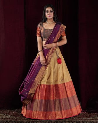 Chiku And Maroon Kanjivaram Silk Pattu Lehenga With Zari Woven