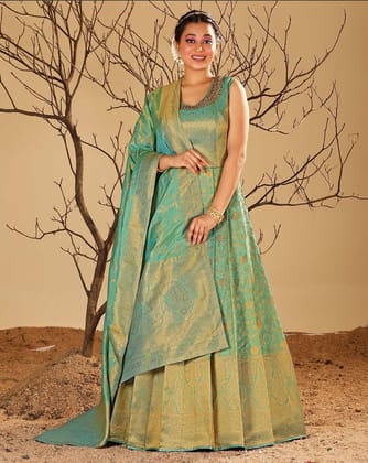 Sea Green Banarasi Silk Zari Weaving Long Dress