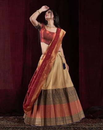 Chiku And Red Kanjivaram Silk Pattu Lehenga With Zari Woven